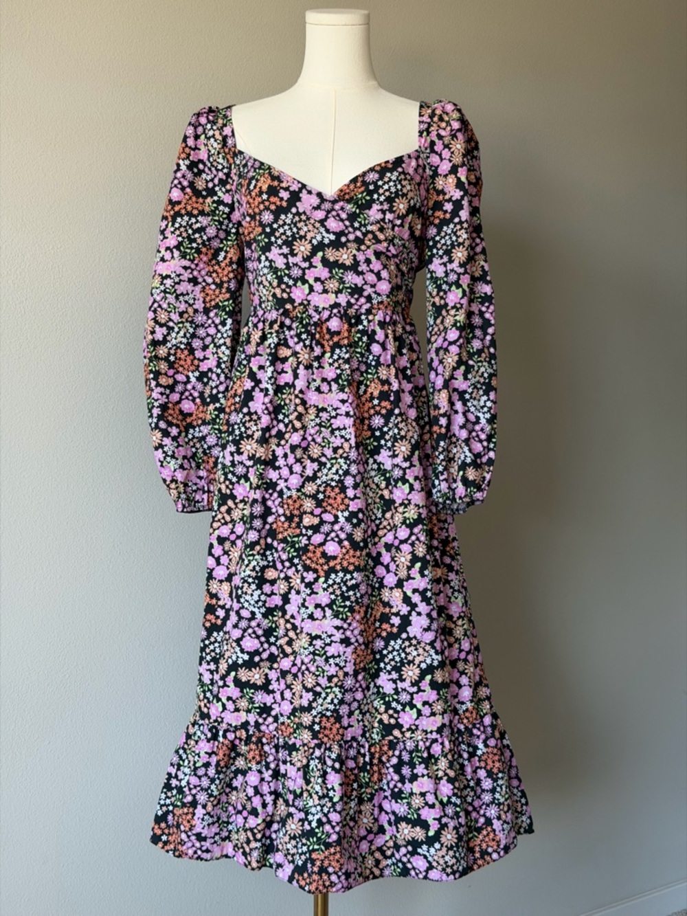 Romantic Miss Selfridge Black Floral Puff-Sleeve Ruffle Hem Cotton Midi Dres-12